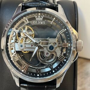 OLEVS Automatic Skeleton Watch Black Leather Strap